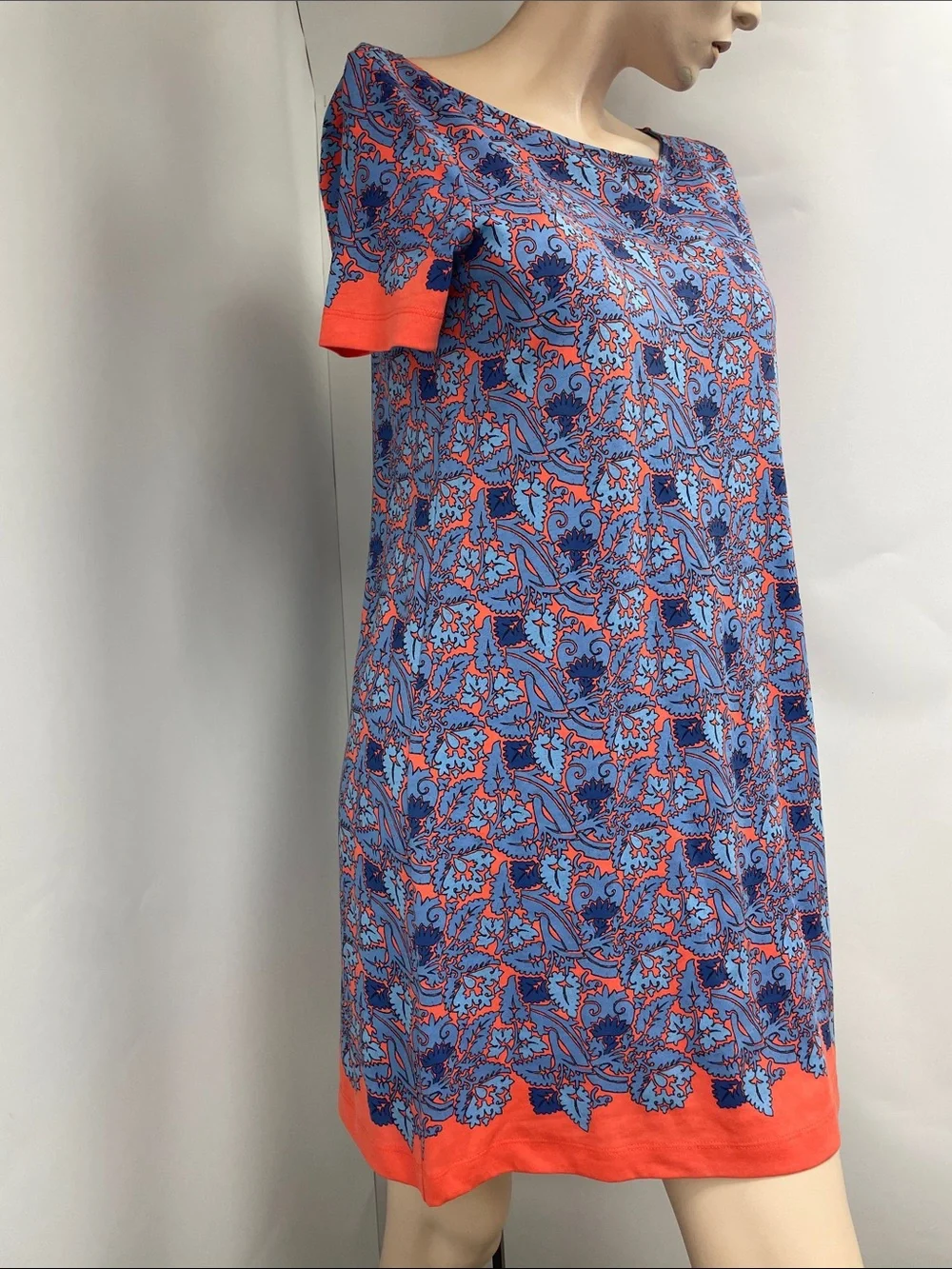 Tory Burch Blue and Coral Paisley Short Sleeve Shift Dress, Size M